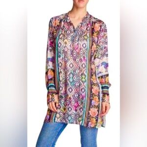 Johnny Was Long Sleeve Print Boho Whimsy  Button Up Tunic Dress w Tassel Ties